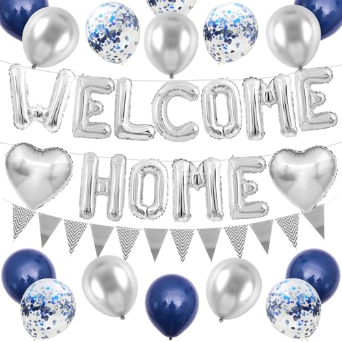 Willkommen Zuhause Deko Blau Silber,Silber Welcome Home Folie Luftballons Banner mit Konfetti Luftballons,Silber Herz Luftballons Wimpel Flagge Wimpel für Baby Dusche Home Familie Party Supplies von Adorely