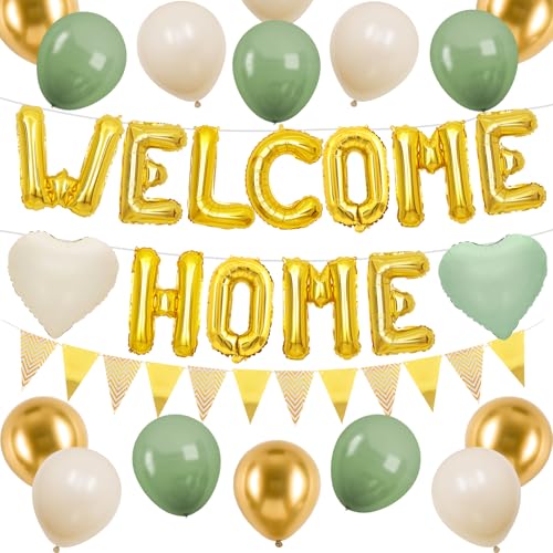 Willkommen Zuhause Deko Grün Gold,Gold Welcome Home Folie Luftballons Banner mit Salbei Grün Weiß Herz Luftballons Wimpel Flagge Wimpel für Baby Dusche Home Familie Party Supplies von Adorely