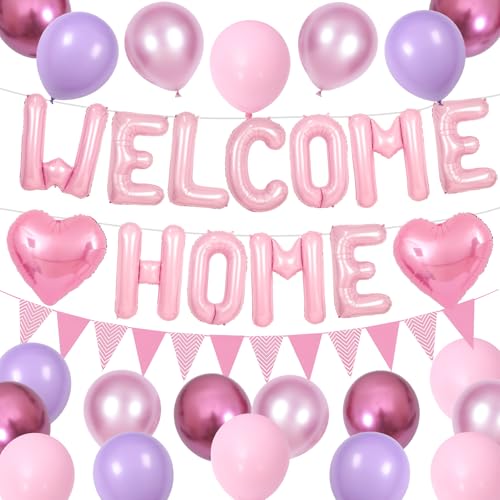 Willkommen Zuhause Deko Rosa,Rosa Welcome Home Folie Luftballons Banner mit Rosa Herz Luftballons Wimpel Flagge Wimpel für Baby Dusche Willkommen Zuhause Baby Girl Party Supplies von Adorely