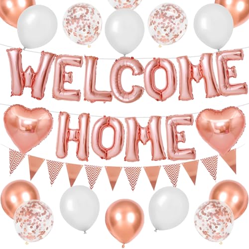 Willkommen Zuhause Deko Rose Gold,Rose Gold Welcome Home Folie Luftballons Banner mit Roségold Herz Luftballons Wimpel Flagge Wimpel für Baby Dusche Home Familie Party Supplies von Adorely