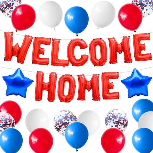 Willkommen Zuhause Deko Rot Blau,Rot Welcome Home Folie Luftballons Banner mit Konfetti Luftballons,Blau Stern Luftballons für Patriotische Armee Rückkehr Home Familie Party Supplies von Adorely