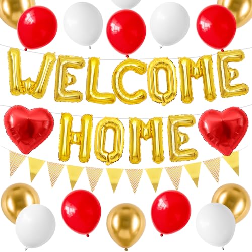 Willkommen Zuhause Deko Rot Gold,Gold Welcome Home Folie Luftballons Banner mit Rot Herz Luftballons Wimpel Flagge Wimpel für Baby Dusche Home Familie Party Supplies von Adorely