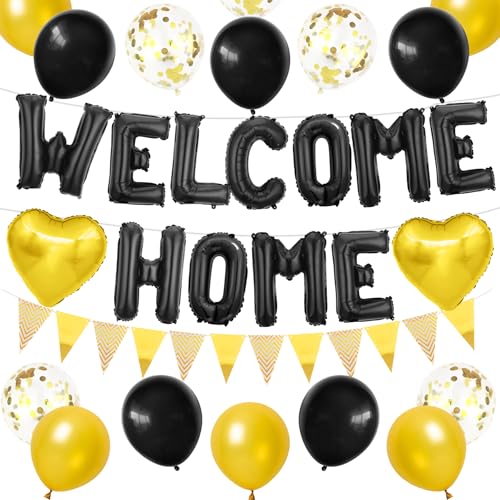 Willkommen Zuhause Deko Schwarz Gold,Schwarz Welcome Home Folie Luftballons Banner mit Konfetti Luftballons,Gold Herz Luftballons Wimpel Flagge Wimpel für Baby Dusche Home Familie Party Supplies von Adorely