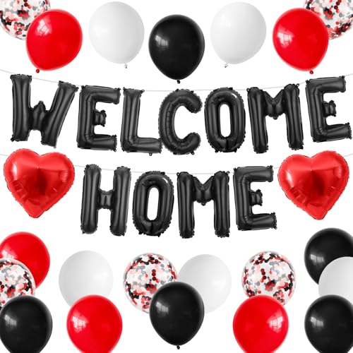 Willkommen Zuhause Deko Schwarz Rot,Schwarz Welcome Home Folie Luftballons Banner mit Konfetti Luftballons,Rot Herz Luftballons für Baby Dusche Willkommen Zuhause Party Supplies von Adorely