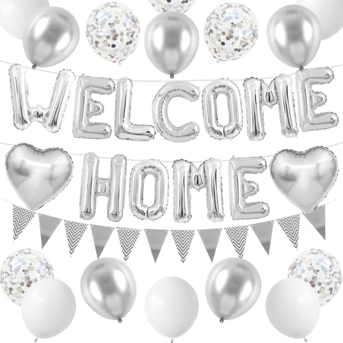 Willkommen Zuhause Deko Silber,Silber Welcome Home Folie Luftballons Banner mit Konfetti Luftballons,Silber Herz Luftballons Wimpel Flagge Wimpel für Baby Dusche Home Familie Party Supplies von Adorely