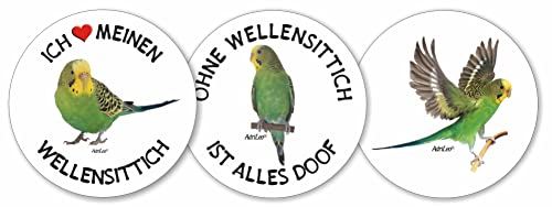 AdriLeo - Runde Aufkleber 3er-Set - Alles doof – grüner Wellensittich - Deko Autoaufkleber Sticker Vogel von AdriLeo