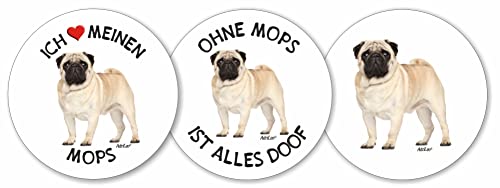 AdriLeo - Runde Aufkleber 3er-Set - Mops - Deko Autoaufkleber Sticker Hund von AdriLeo