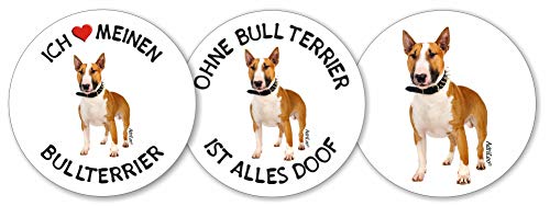 AdriLeo - Runde Aufkleber 3er-Set - braun-weißer Bullterrier - Deko Autoaufkleber Sticker Hund von AdriLeo