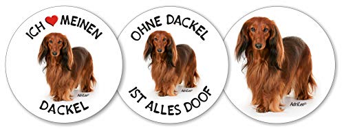 AdriLeo - Runde Aufkleber 3er-Set - roter Dackel Langhaarteckel - Deko Autoaufkleber Sticker Hund von AdriLeo