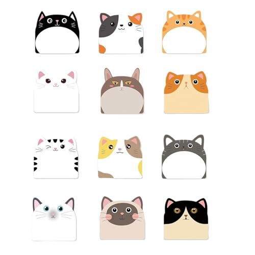 12 x Haftnotizpapier, Cartoon-Katzen-Notizpapier, Taschen-Schreibblock, Aschesive-Notizblock, unliniert, Notizpapier, 30 Blatt/Block von Adrosstoller