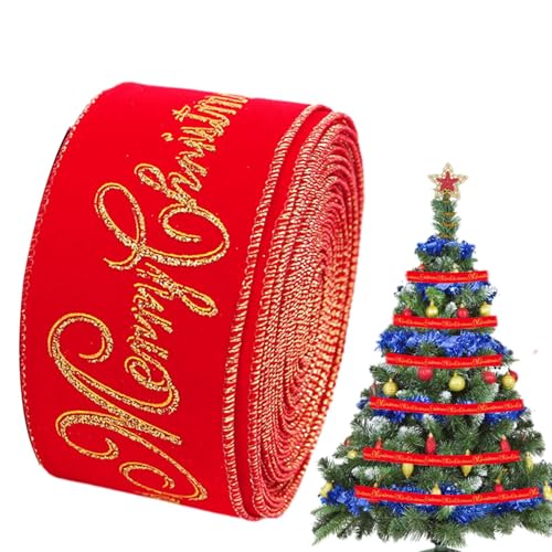 Adsfvs Weihnachtsband für Baum, Weihnachtsbaumband-Girlande - Rotes breites Weihnachtsband mit Draht - Weihnachtsband mit goldener Weihnachtsschrift, Weihnachtsbaumschmuck von Adsfvs