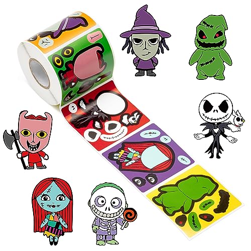 Adval9Vram 6 Rollen Halloween Make a Face Aufkleber für Kinder Jack and Sally Mix and Match Sticker Dein eigenes Horror Charakter Aufkleber DIY Geschenke Siegelaufkleber für Halloween Weihnachten von Adval9Vram