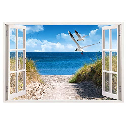Leinwandbild mit Fensterblick – Strand mit Möwen 60 x 40 cm - Keilrahmen mit Druck von Advertising & Displays Werbecenter Berlin GmbH