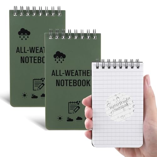 Aeaocvo 2 Stück A7 Wasserfester Notizblock, 7.6 x 12.7 cm 50 Blatt Schwarz Raster Notizblock, Spiralbindung Wasserdichter Allwetter-Notizblock, Write in The Rain Waterproof Notebook von Aeaocvo