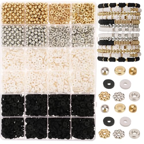 Aeaocvo 3000 Stück Heishi Perlen, Clay Beads für Erwachsene Kinder, Schwarz Weiß Heishi Beads Set für Armbänder Selber Machen von Aeaocvo