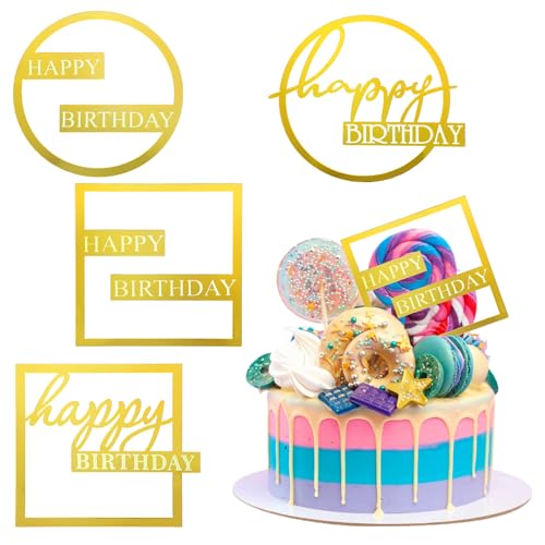 Aeaocvo 4Stück Gold Happy Birthday Cake Toppers, Geburtstag Kuchen Deko, Acryl Happy Birthday Tortendeko für Geburtstagsfeier von Aeaocvo