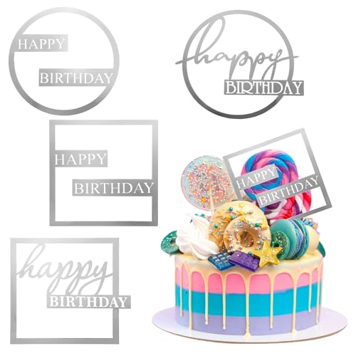 Aeaocvo 4Stück Happy Birthday Tortendeko Set, Silber Geburtstag Kuchen Deko, Acryl Happy Birthday Cake Toppers für Mädchen Junge Frauen Mann Mutter von Aeaocvo