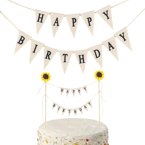 Aeaocvo Happy Birthday Girlande, Vintage Happy Birthday Kuchen Banner, Wimpelkette Cake Topper Bunting, Tortendeko Kindergeburtstag Mit Sonnenblumen Holzstange von Aeaocvo