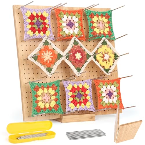 33cm Granny Square Spanner Groß mit 30 Edelstahl-Stabstiften, Aeelike Handcrafted Wooden Blocking Board Häkeln Groß, Faltbar Sperrbrett für Granny Square Holz mit 1 Gelb Aufbewahrungsbox, 1 Stand von Aeelike