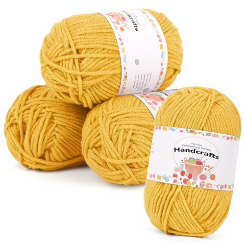 Aeelike 200g(4x50g) Häkelgarn Baumwolle zum Stricken, Langlebige Amigurumi-Set Polyacryl Baumwollgarn, 5Ply Garn zum Häkeln für Socken, Mützen, Schals, Pullover, Puppen,Kurkuma von Aeelike