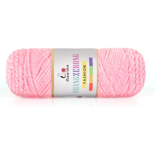 Aeelike 200g Chenille Babywolle zum Stricken, 3 Ply Weich Chunky Chenille Fluffy Yarn, Flauschige Samt Velvet Chenille Wolle zum Häkeln, Warme Plüschwolle für Mützen, Schals, Decken, Hellrosa von Aeelike