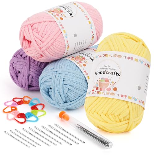 Aeelike 4X50g Dicke Garn Baumwollgarn zum Häkeln, Chunky Strickgarn für Anfänger, Kein Geteiltes Häkelgarn Baumwolle, Wolle zum Stricken mit gut Sichtbaren Maschen, Rosa + Lila + Blau + Gelb von Aeelike