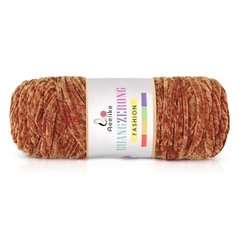 Aeelike 200g Chenille Babywolle zum Stricken, 3 Ply Weich Chunky Chenille Fluffy Yarn, Flauschige Samt Velvet Chenille Wolle zum Häkeln, Warme Plüschwolle für Mützen, Schals, Decken, Karamell von Aeelike