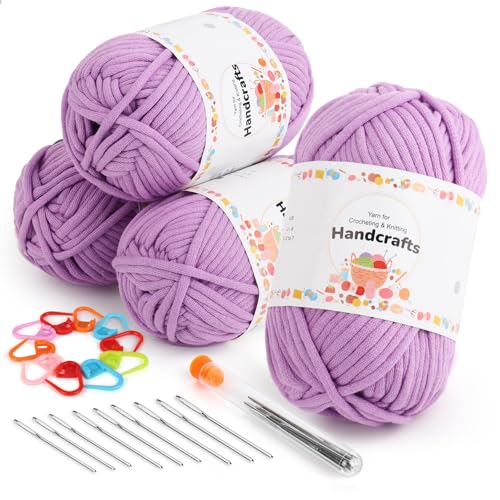 Aeelike 4X50g Baumwoll-Nylon-Garn mit Zubehör, Schlauchgarn zum Häkeln mit gut Sichtbaren Maschen, Textilgarn zum Häkeln für Körbe, Taschen, Puppen, Hellviolett Easy Yarn Wolle für Anfänger von Aeelike