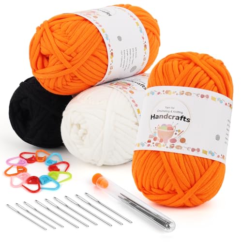 Aeelike 4X50g Dicke Garn Baumwollgarn zum Häkeln, Chunky Strickgarn für Anfänger, Kein Geteiltes Häkelgarn Baumwolle, Wolle zum Stricken mit gut Sichtbaren Maschen, 2 Orange, 1 Schwarz, 1 Weiß von Aeelike