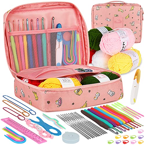 Aeelike 59 Stück Häkelnadel Set Rosa Katze Häkelset für Anfänger, Bunte Häkelnadeln mit Weichem Griff für Häkelgarn und wolle, 0,6 mm - 6,0 mm Ergonomische Häkelnadeln Set mit Häkeltasche, Zubehör von Aeelike