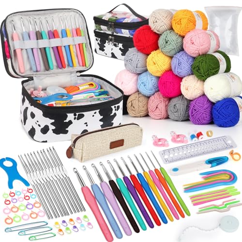 Aeeque 103 PCS Doppellagiges Häkelset für Anfänger Kinder, Komplettes Häkelnadeln Set mit 20 Wolle, Hekeln-Set für Anfänger zum Häkeln Puppen, Pullover, Socken, Schals, Häkel Set mit Zubehör von Aeeque