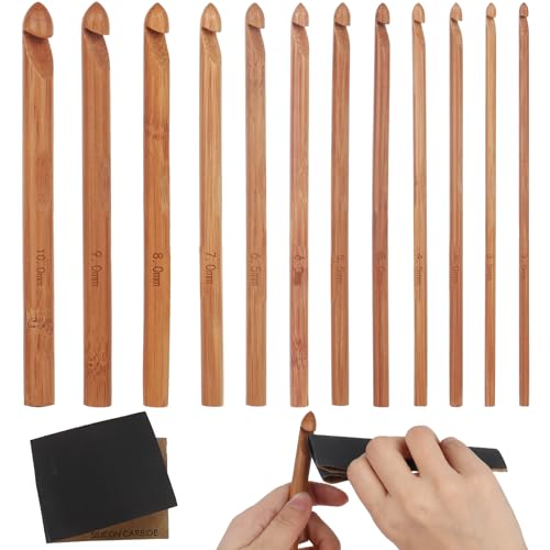 Aeeque 12 Stück Häkelnadel Set, Karbonisierung Häkelnadeln Bambus mit Schleifpapier, Ergonomisch Häkelnadel Set für Arthritis, 15cm Häkelnadel Holz zum Häkeln Mützen, Decken, Pullover, 3,0mm-10mm von Aeeque