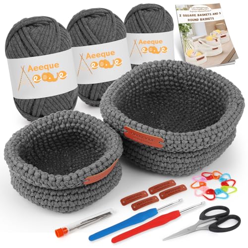 Aeeque 2pcs Körbe Häkeln Set, Quadratischer Häkelkörbe Häkel Set mit Deutsch Anleitung für Erwachsene, Häkeln für Körbe DIY, Textilgarn zum Häkeln Tasche, Komplett Häckel Kit mit Zubehör, Grau von Aeeque