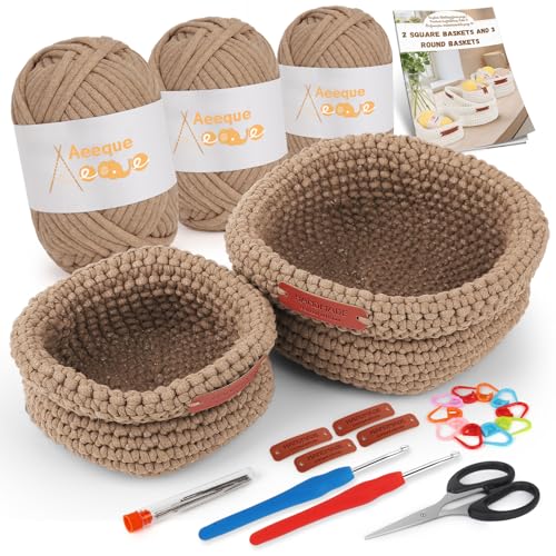 Aeeque 2pcs Körbe Häkeln Set, Quadratischer Häkelkörbe Häkel Set mit Deutsch Anleitung für Erwachsene, Häkeln für Körbe DIY, Textilgarn zum Häkeln Tasche, Komplett Häckel Kit mit Zubehör, Khaki von Aeeque