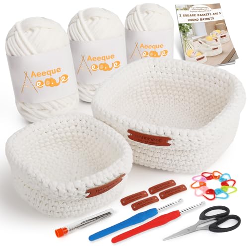 Aeeque 2pcs Körbe Häkeln Set, Quadratischer Häkelkörbe Häkel Set mit Deutsch Anleitung für Erwachsene, Häkeln für Körbe DIY, Textilgarn zum Häkeln Tasche, Komplett Häckel Kit mit Zubehör, Weiß von Aeeque