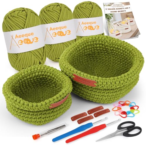 Aeeque 2pcs Körbe Häkeln Set, Quadratischer Häkelkörbe Häkel Set mit Deutsch Anleitung für Erwachsene, Häkeln für Körbe DIY, Textilgarn zum Häkeln Tasche, Komplett Häckel Kit mit Zubehör, Grün von Aeeque