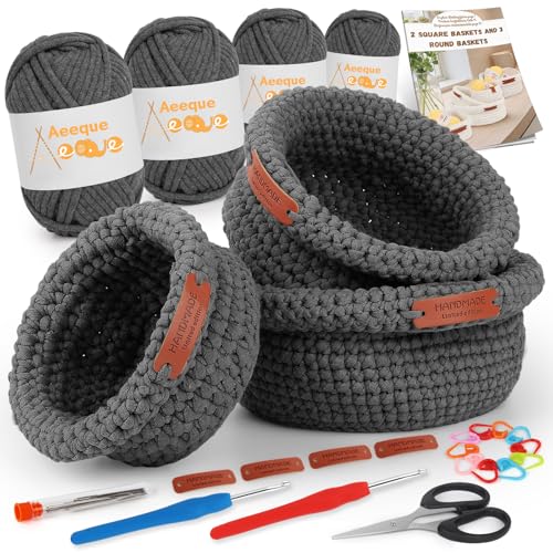 Aeeque 3pcs Körbe Häkeln Set, Rund Häkelkörbe Häkel Set mit Deutsch Anleitung für Erwachsene, Häkeln für Körbe DIY, Textilgarn zum Häkeln Tasche, Komplett Häckel Kit mit Zubehör, Grau von Aeeque