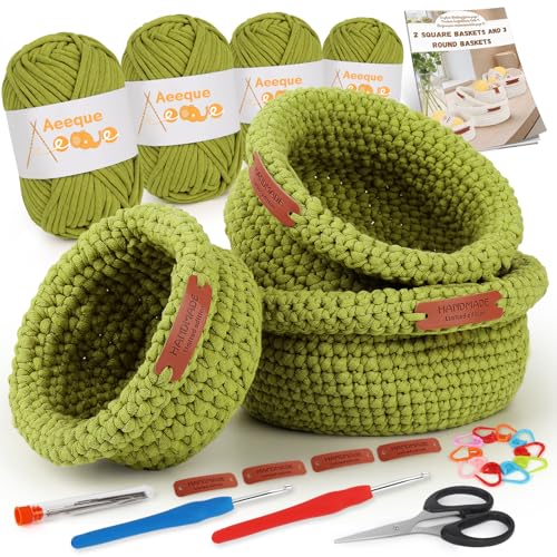 Aeeque 3pcs Körbe Häkeln Set, Rund Häkelkörbe Häkel Set mit Deutsch Anleitung für Erwachsene, Häkeln für Körbe DIY, Textilgarn zum Häkeln Tasche, Komplett Häckel Kit mit Zubehör, Grün von Aeeque