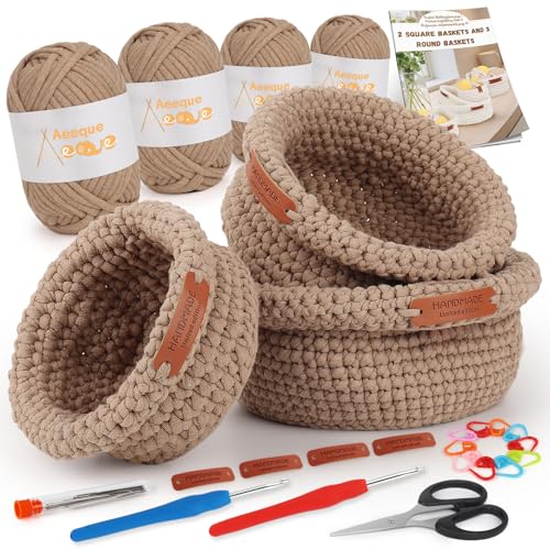 Aeeque 3pcs Körbe Häkeln Set, Rund Häkelkörbe Häkel Set mit Deutsch Anleitung für Erwachsene, Häkeln für Körbe DIY, Textilgarn zum Häkeln Tasche, Komplett Häckel Kit mit Zubehör, Khaki von Aeeque