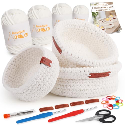 Aeeque 3pcs Körbe Häkeln Set, Rund Häkelkörbe Häkel Set mit Deutsch Anleitung für Erwachsene, Häkeln für Körbe DIY, Textilgarn zum Häkeln Tasche, Komplett Häckel Kit mit Zubehör, Weiß von Aeeque