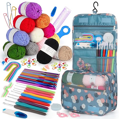 Aeeque 82 PCS Häkelset für Anfänger, Ergonomische Häkelnadel mit 12 Acryl Wolle, Häkeln Set mit TPR Gummigriff, Metal Häkelnadel mit Zubehör Tasche, Bunt Häkelnadeln zum Häkeln Mützen, Pullover, Schal von Aeeque