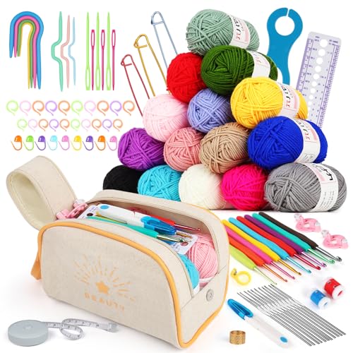 Aeeque Einzigartig Häkelset mit 15 Bunte Wolle, Komplettes Häkelset für Anfänger, Häkelset zum Häkeln von Mützen, Socken, Decken, Babykleidung, Häkelset Tasche mit doppeltem Reißverschluss von Aeeque