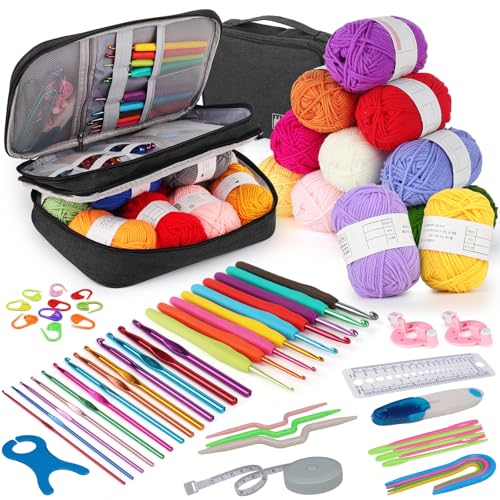 Aeeque Häkel Set, 79 Stücke Häkelset für Anfänger, Ergonomische Häkelnadeln Set mit Wolle Zubehör und Tasche, Häkelset für Erwachsene, Häkelset zum Häkeln Socken, Mützen, Häckel Crochet Starter Set von Aeeque