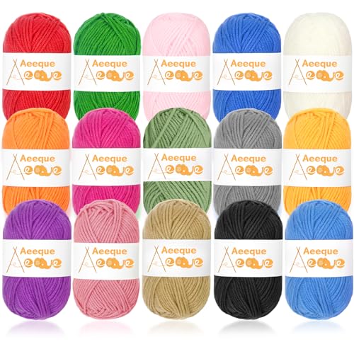 Aeeque Häkelgarn Set für Anfänger, 375g 15PCS Häkel Wolle zum Häkeln Buntes Garn, Acryl Wolle Set für Socken, Taschen, Körbe, Decken, 15 x 25g Häkelgarn von Aeeque