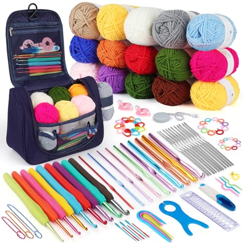 Aeeque Häkelnadel Set mit 15 Wolle, Häkelset für Anfänger Erwachsene Kinder, Häkel Set mit Ergonomisch Häkelnadel zum Häkeln Schals, Pullover, Decke, Bunte Crochet Set mit Häkeltasche, Zubehör von Aeeque