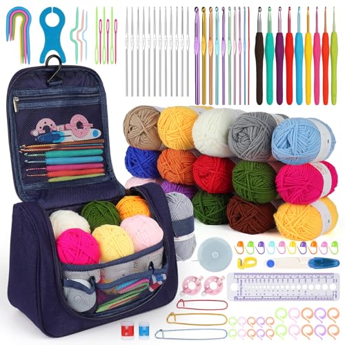 Aeeque Häkelnadel Set mit 15 Wolle, Häkelset für Anfänger Erwachsene Kinder, Häkel Set mit Ergonomisch Häkelnadel zum Häkeln Schals, Pullover, Decke, Bunte Crochet Set mit Häkeltasche, Zubehör von Aeeque