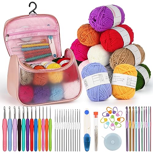 Aeeque Häkelnadeln Set mit 12 PCS Wolle, Häkelset für Anfänger, Häkelnadel Tasche mit Ergonomische Metal Häkelnadeln, Häkeln Set für Socken, Pullover, Granny Square, Schal, Visuelles Häkelset Weiß von Aeeque