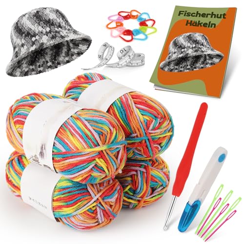 Aeeque Häkelset für Anfänger, Mütze Häkeln Set, Häkelmütze Geeignet für Kinder Erwachsene, Häkeln Starter Set mit Anleitung, Häkel Set mit Wolle Regenbogenfarbe, 4.5 mm Häkelnadeln von Aeeque