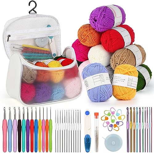 Aeeque Häkelset für Anfänger mit 12 PCS Wolle, Häkelnadeln Set Tasche mit TPR Gummigriff Häkelnadeln und Praktisch Strickzubehör, Häkeln Set für Socken, Pullover, Visuelles Häkelset Rosa von Aeeque