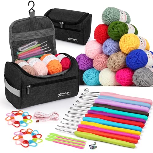 Aeeque Häkelset mit 15 Acrylwolle, Basis Häkelset für Anfänger, Metall Häkelnadeln Set mit Hängender Typ Tasche, Häkelsets Erwachsene zum Häkeln, Ergonomische Häkel Starter Set 2,0 mm- 8,0 mm, Schwarz von Aeeque